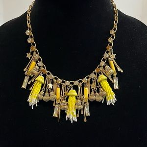 Ann Taylor Necklace Bib Yellow Beads Clear Color Faceted Rhinestones 10 1/2”